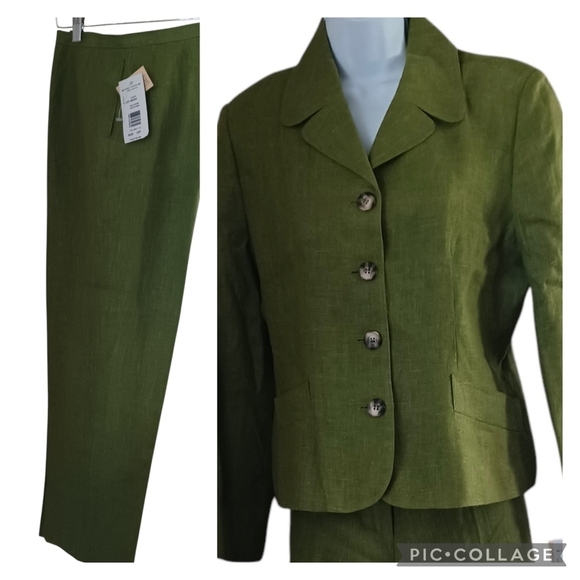 HARVE BENARD Light Green Linen 2 Piece Pant Suit (Button Blazer 14P, Pants 12P) - Picture 1 of 15